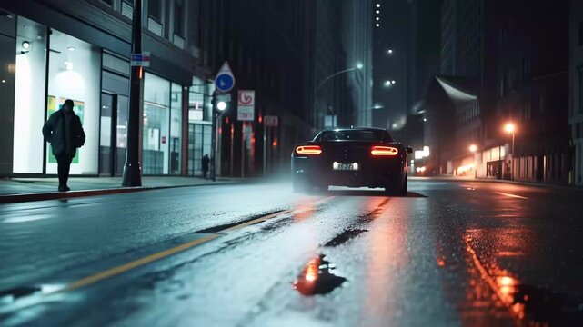 A stunning scene unfolds at night as a sleek car rests on an empty street. The bright lights dance off the polished surface, creating a captivating atmosphere of tranquility and allure.