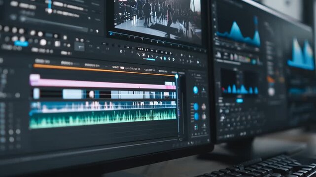 Inside a bustling editing suite, creative minds work on a captivating project. Colorful waveforms dance across screens while engaging visuals come to life, enhancing each story moment.