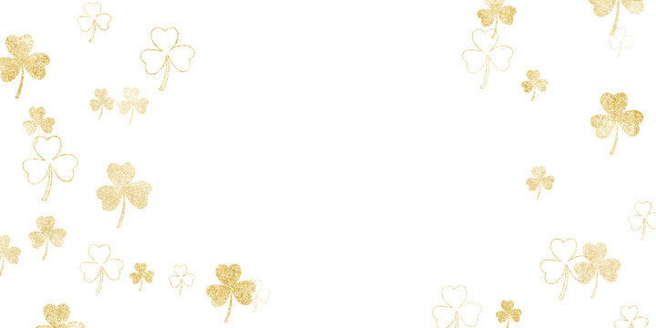 Golden shamrock clover leaves  frame with copy space in center on transparent background for Saint Patricks day festive design. 