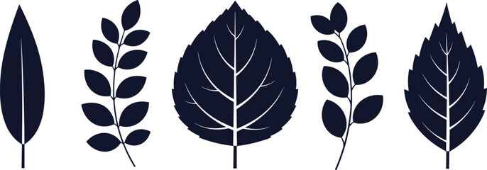 Black leaf silhouette collection featuring serrated birch leaves, eucalyptus branches, forest foliage, elegant nature botanical vector icons set for wedding decoration. © PaponKumar
