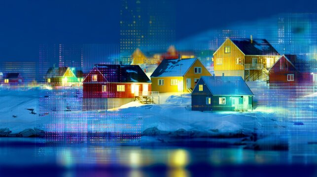 Scenic winter in greenland: a kaleidoscope of colorful homes. Tech collaboration. Brightly colored inuit homes stand out in the snowy fjord of nuuk city. Human partnership. Ai concept.
