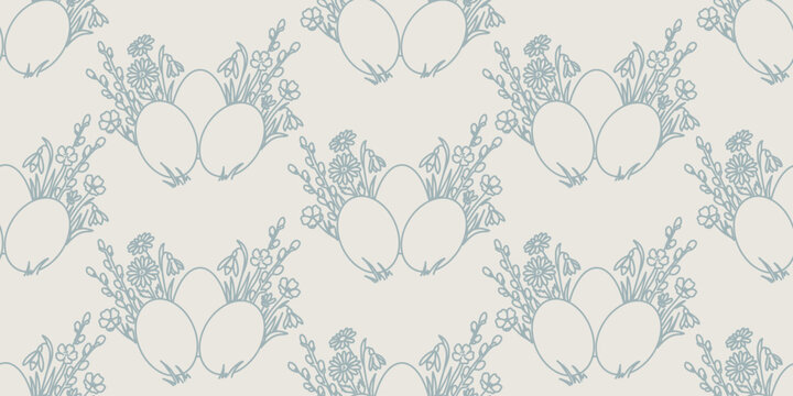 Festive Easter seamless pattern with decorated eggs combined with spring flowers snowdrops and daisies in soft blue tones on a light background. Perfect for textile and holiday designs.