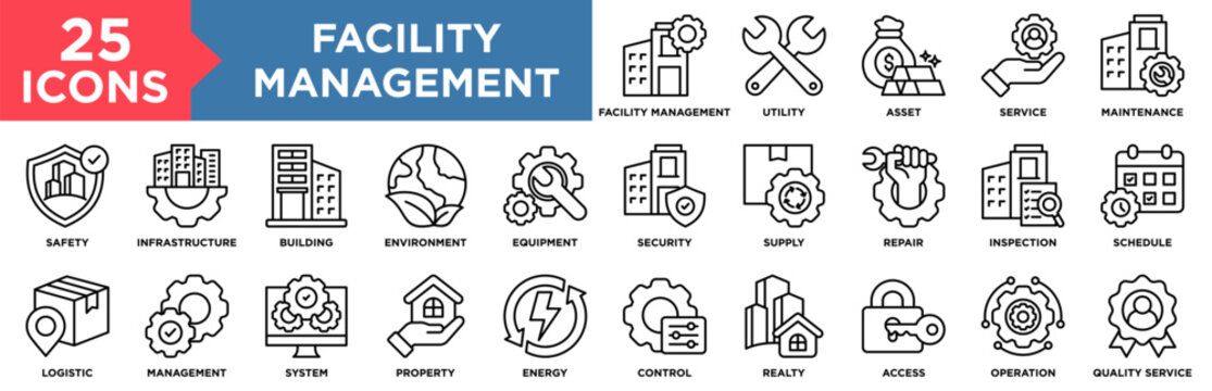 Facility Management Icon Set Collection. Icon Pack Contain Building, Maintenance, Asset, Service, Operation, Security, Energy, Utility, Supply
