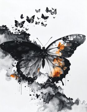 Butterfly with black and orange patterns among smaller butterflies and abstract shapes in a simple setting