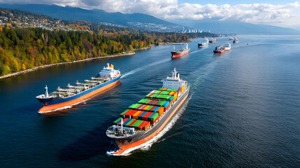 Fototapeta premium Container Cargo Ships Sailing Through Coastal Shipping Route