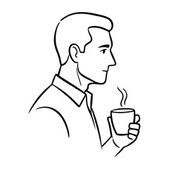 Dibujo sencillo con líneas de un hombre con ropa informal de pie sujetando una taza de café humeante con la mano © teracreonte
