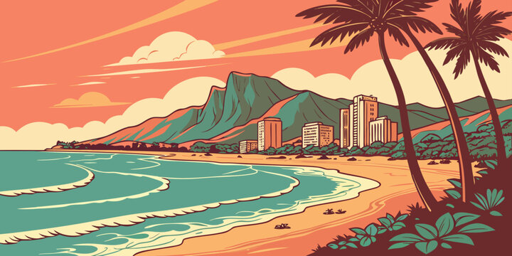 USA, US, U.S, United States - Waikiki Beach Tropical Sunset Panorama with Palm Trees and Turquoise Waves | Vibrant Island Travel Poster Wall Art | Hawaii USA Coastal Scenic Print