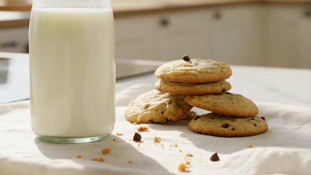 Cookies chocolate chip with a glass of milk on a kitchen table surface featuring snack, dessert, sweet with treat and white tablecloth elements for