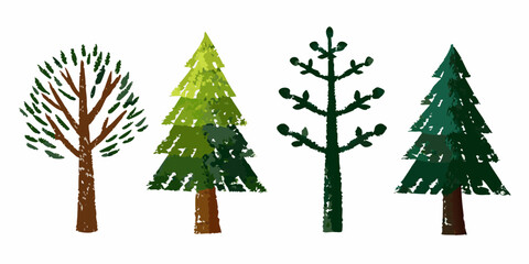 Four stylized evergreen and deciduous trees arranged in a row © Delip