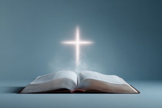 Open bible glowing cross spiritual faith radiant cross hovering above book pages with soft mist evoking holiness and serenity