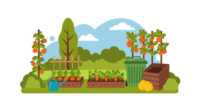 Vibrant Garden Patch with Plants and Harvest. Vector Illustrations. EPS Editable