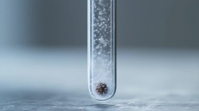 Test tube with fizzy chemical pellet dissolving and releasing bubbles featuring laboratory, science, experiment with chemistry and lab equipment