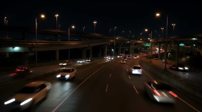 Nighttime highway scene with cars, streetlights, and overpasses illuminated