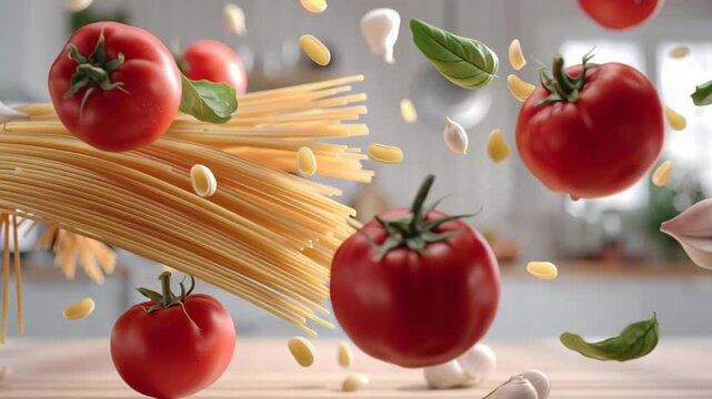 Fresh tomatoes and spaghetti with garlic and basil in a kitchen setting