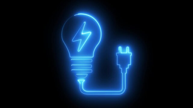 Neon electric bulb icon animation. Glowing light bulb symbol animation on black background.