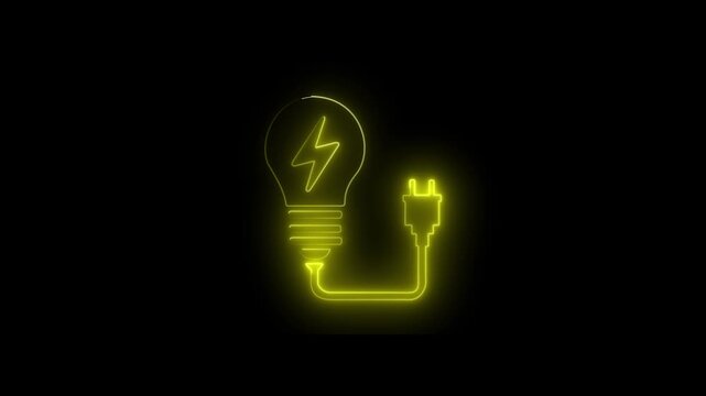 Neon electric bulb icon animation. Glowing light bulb symbol animation on black background.
