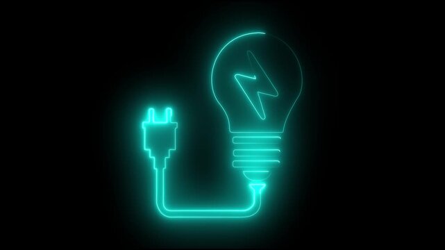 Neon electric bulb icon animation. Glowing light bulb symbol animation on black background.