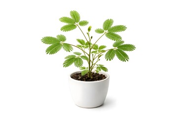 Fototapeta premium Mimosa Pudica Sensitive Plant in White Ceramic Pot Isolated on Light Background