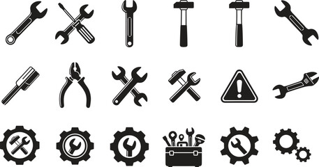 Industrial construction tools icons featuring wrench hammer screwdriver pliers gears and toolbox silhouettes for mechanical repair service workshop SEO maintenance