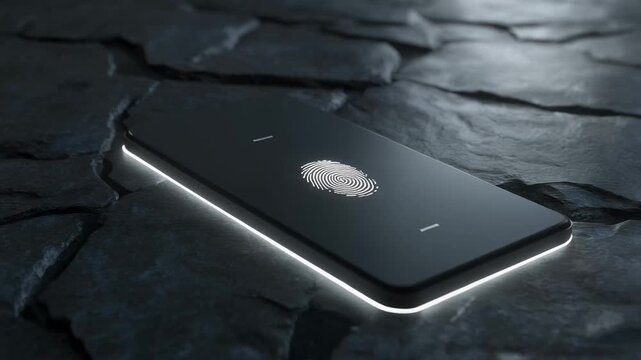 Modern smartphone displaying fingerprint scanner interface on dark surface. Modern smartphone biometric fingerprint authentication technology. Secure modern smartphone fingerprint sensor animation.