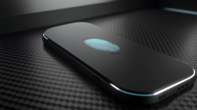 Modern smartphone displaying fingerprint sensor interface on glossy surface. Modern smartphone biometric security . Futuristic modern smartphone fingerprint authentication animation.
