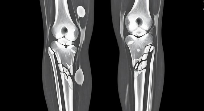 Medical scan shows broken tibia and fibula bones with fluid cysts.