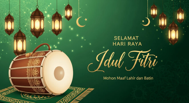 Selamat Hari Raya Idul Fitri Greeting Banner with Elegant Islamic Design, Decorative Lanterns, Crescent Moon and Stars for Eid Mubarak Celebration