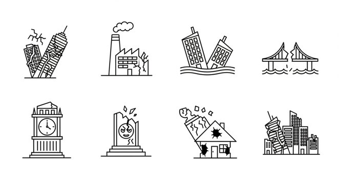Earthquake Disaster Icons - Buildings, Structures, and Infrastructure Damage.