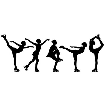 Five figure skaters performing various poses and stances on ice.