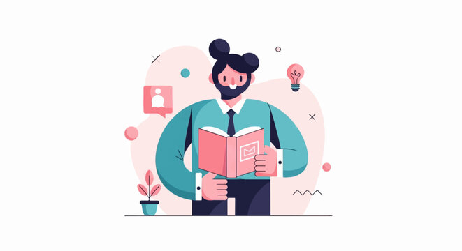 Animated person with a beard and bun hairstyle reading a book