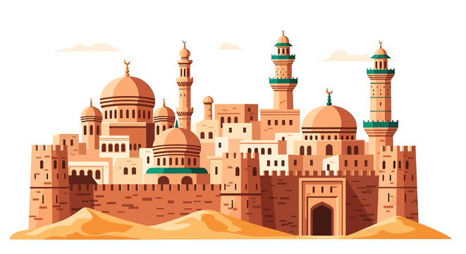 Ancient Islamic City with Minarets and Domes in Desert Landscape. Vector Illustrations. EPS Editable