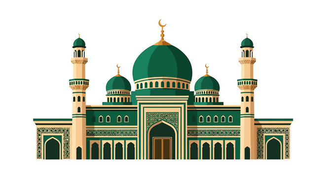 Beautiful Islamic Mosque Architecture with Green Domes and Minarets 3. Vector Illustrations. EPS Editable
