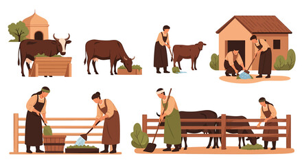 Naklejka premium Collection of Farm Scenes Illustrating Rural Life and Animal Husbandry. Vector Illustrations. EPS Editable