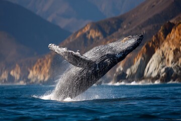Naklejka premium Coastal wonders: whales in their element against cliffs. High resolution. Rainbow in the mist: whale breaching near mossy cliffs. Visual balance. Advertising photo.