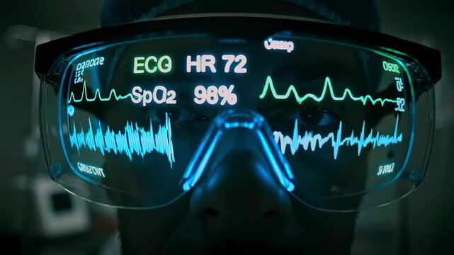 Doctor wearing smart medical glasses displaying ECG, vital signs interface reflected across visor. Futuristic healthcare technology, digital diagnostics, patient monitoring and clinical analysis.
