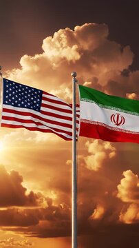 Usa united state america us usa vs iran iranian flag blue sky background wallpaper copy space battle war politic government israel country national diplomacy soldier negotiation crisis crude oil opec