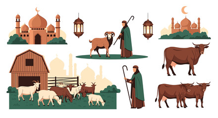 Naklejka premium Islamic Eid al Adha Celebration with Livestock and Mosques. Vector Illustrations. EPS Editable