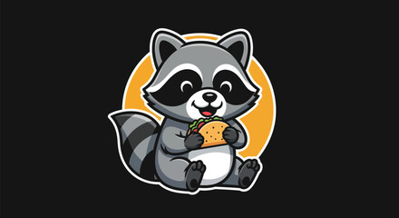 Fototapeta premium Cartoon raccoon eating food on black background