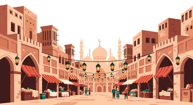 Traditional Middle Eastern Marketplace with Mosque in Background. Vector Illustrations. EPS Editable