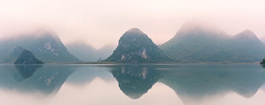 Misty Lake with Reflections of Mountain Peaks