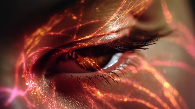 A mesmerizing close up reveals a stunning eye adorned with radiant light patterns that shimmer and dance across the surface. The vivid colors create a spellbinding effect, drawing viewers in.