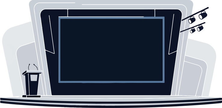 A dark stage setup with a podium and screen under spotlight illumination, ready for a presentation