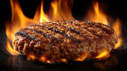 Grilled Beef Burger Patty with Flames – Generative AI