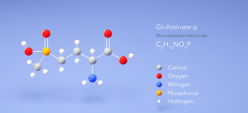 glufosinate-p molecule, molecular structure, non-selective herbicide 3d model, Structural Chemical Formula and Atoms with Color Coding