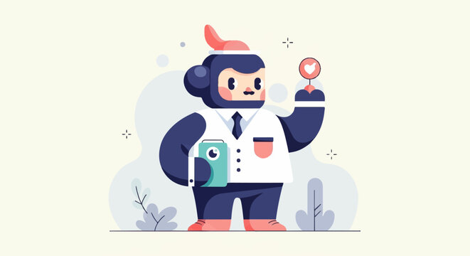 Cartoon monkey in lab coat, holding book and heart symbol