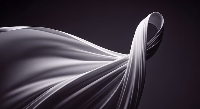 A graceful abstract silver fabric gracefully flows and twists against a dark, sophisticated backdrop, creating a captivating and modern wave design with shimmering elegance