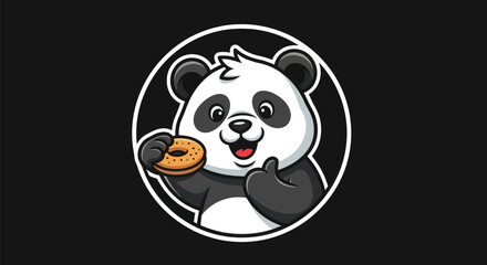Obraz premium Cartoon panda holding donut on black