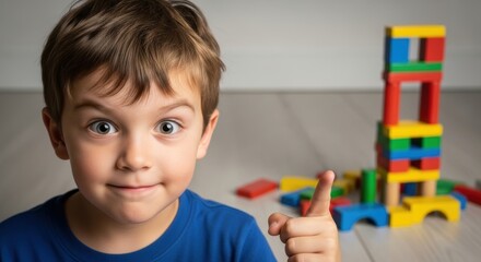 Proud boy with his building block tower, expression of success and clever insight
