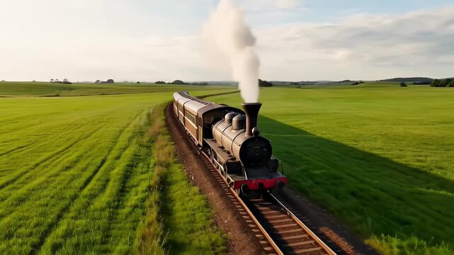 ?Steam locomotive journey through expansive green fields at sunset