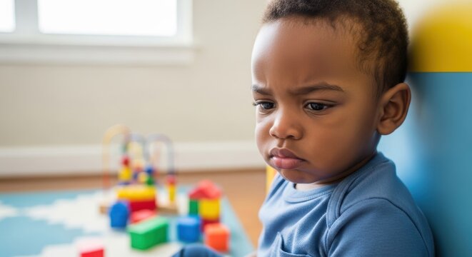 Sad and sulking black young boy in a playground, expression of childhood loneliness and disappointment